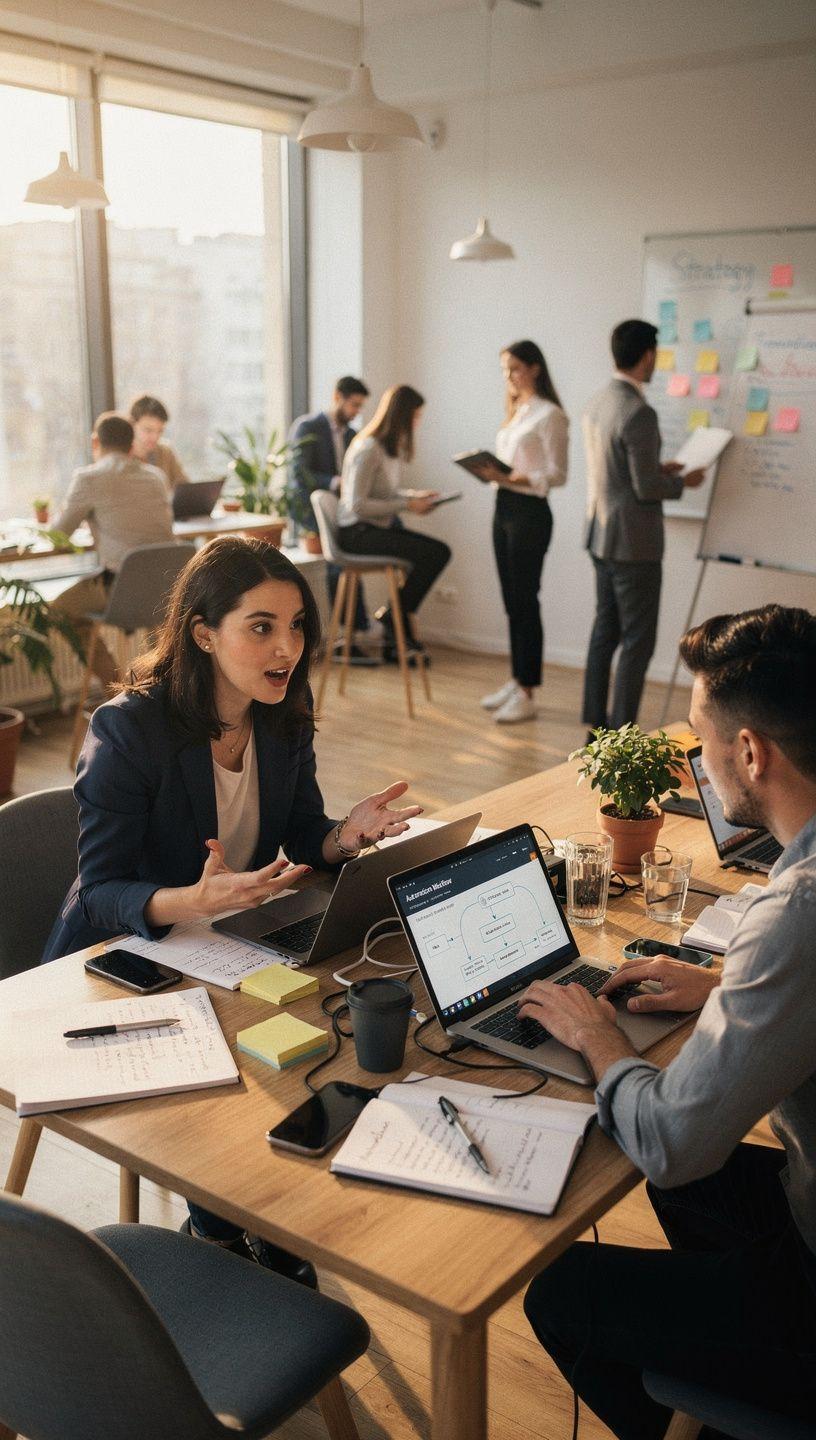 Ilustrație conceptuală cu diagrame și simboluri tehnologice reprezentând automatizarea proceselor de afaceri și personale pentru eficientizarea activităților zilnice.